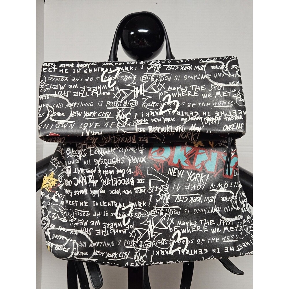 DKNY Tilly Fold Over Backpack Graffiti Logo Black Multicolor Handbag Backpack